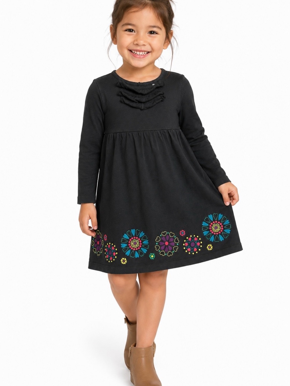 Carter’s Girls Size 5T Black Floral Embroidered Long Sleeve Ruffle Dress Cotton